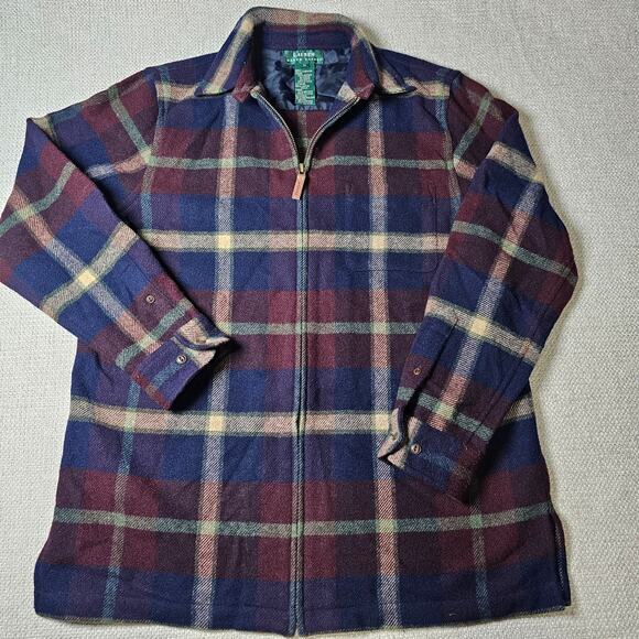 Ralph Lauren Long Zip up Flannel Shacket Jacket 100% Lambswool Med Snap Cuff - Picture 1 of 10